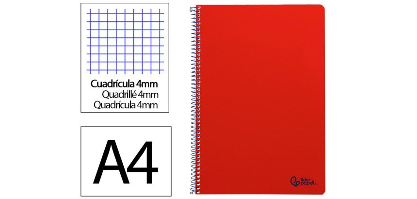 Cuaderno espiral liderpapel a4 smart tapa blanda 80h 75gr cuadro 4mm con margen color rojo