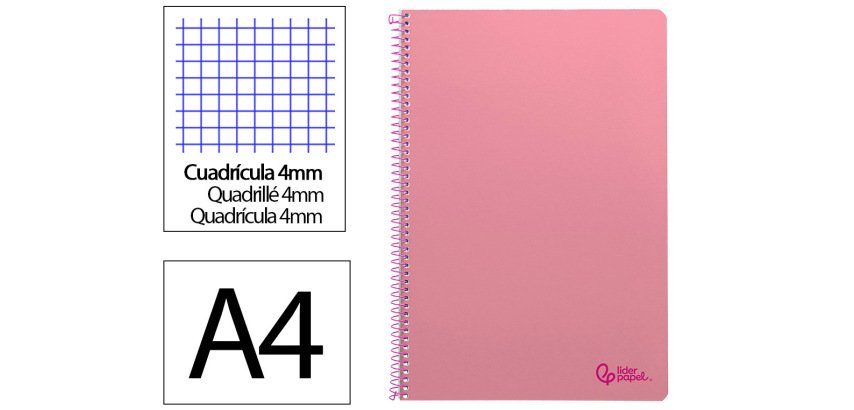 Cuaderno espiral liderpapel a4 smart tapa blanda 80h 75gr cuadro 4mm con margen color rosa