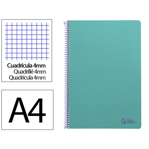 Cuaderno espiral liderpapel a4 smart tapa blanda 80h 75gr cuadro 4mm con margen color turquesa