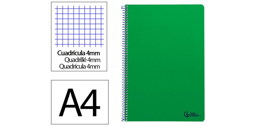 Cuaderno espiral liderpapel a4 smart tapa blanda 80h 75gr cuadro 4mm con margen color verde