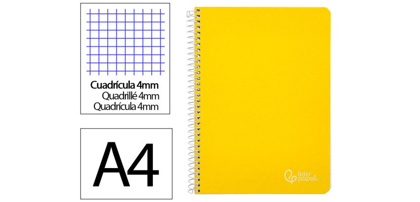 Cuaderno espiral liderpapel a4 witty tapa dura 80h 90gr cuadro 4mm con margen color amarillo