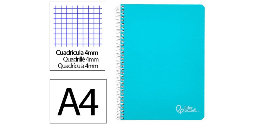 Cuaderno espiral liderpapel a4 witty tapa dura 80h 90gr cuadro 4mm con margen color celeste
