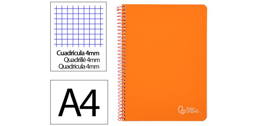 Cuaderno espiral liderpapel a4 witty tapa dura 80h 90gr cuadro 4mm con margen color naranja