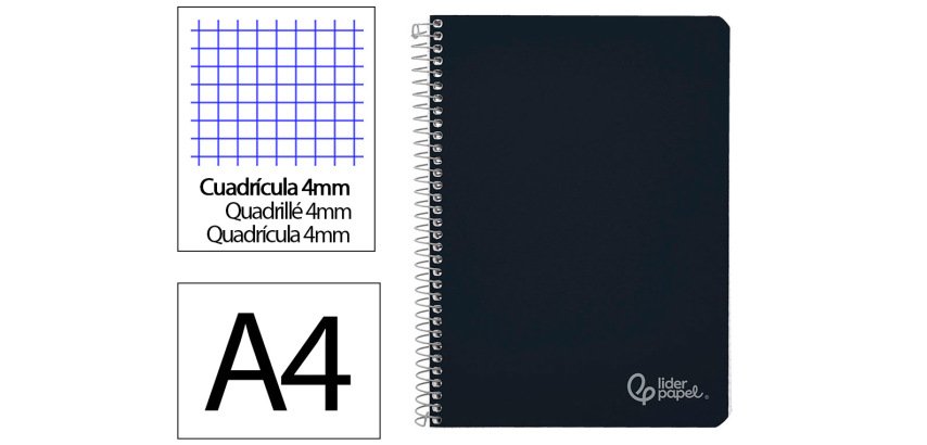 Cuaderno espiral liderpapel a4 witty tapa dura 80h 90gr cuadro 4mm con margen color negro