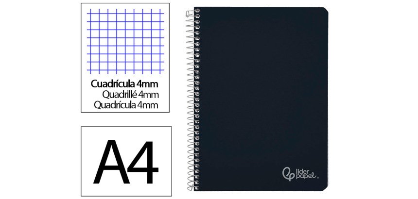 Cuaderno espiral liderpapel a4 witty tapa dura 80h 90gr cuadro 4mm con margen color negro
