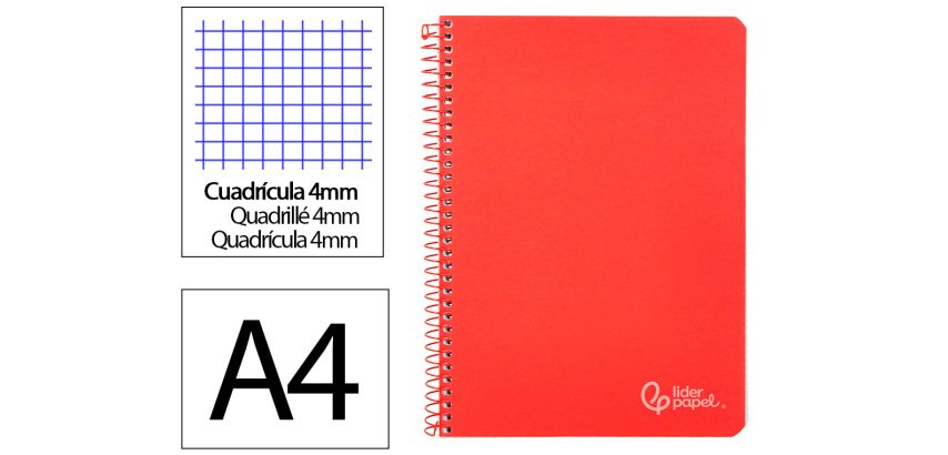 Cuaderno espiral liderpapel a4 witty tapa dura 80h 90gr cuadro 4mm con margen color rojo