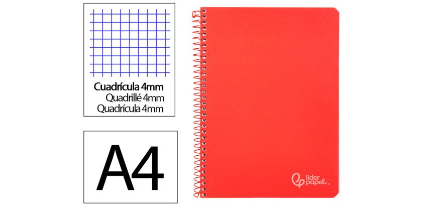 Cuaderno espiral liderpapel a4 witty tapa dura 80h 90gr cuadro 4mm con margen color rojo