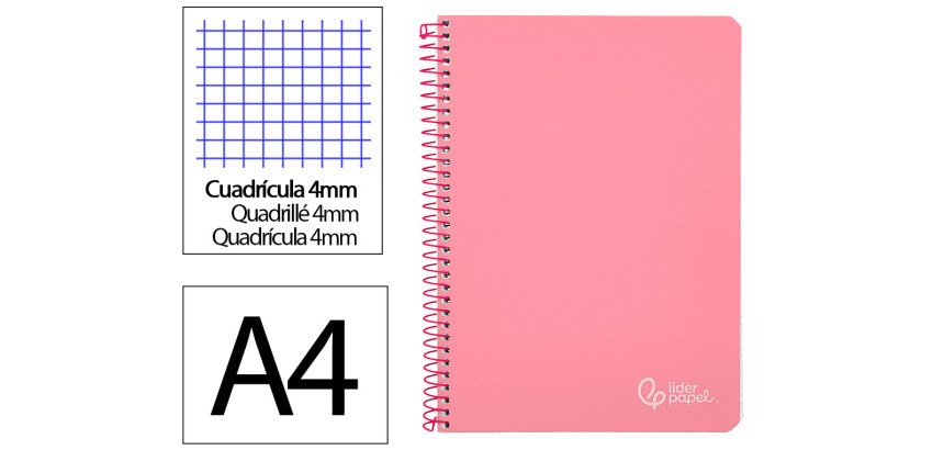 Cuaderno espiral liderpapel a4 witty tapa dura 80h 90gr cuadro 4mm con margen color rosa