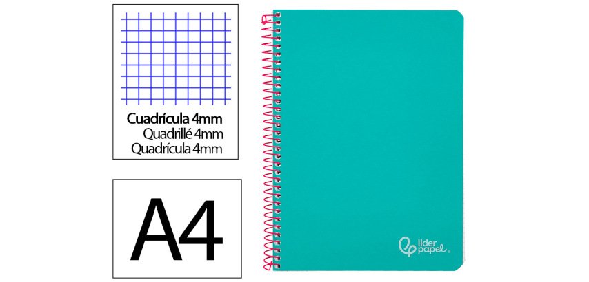 Cuaderno espiral liderpapel a4 witty tapa dura 80h 90gr cuadro 4mm con margen color turquesa