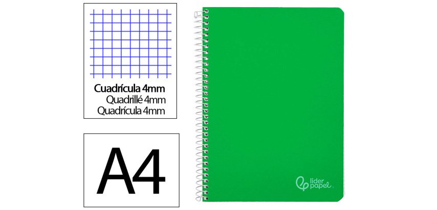 Cuaderno espiral liderpapel a4 witty tapa dura 80h 90gr cuadro 4mm con margen color verde