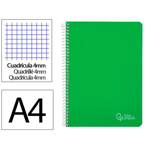 Cuaderno espiral liderpapel a4 witty tapa dura 80h 90gr cuadro 4mm con margen color verde