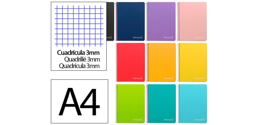 Cuaderno espiral liderpapel a4 witty tapa dura 80h 90gr cuadro 3mm con margen colores surtidos