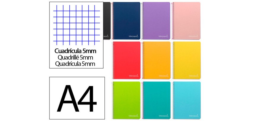 Cuaderno espiral liderpapel a4 witty tapa dura 80h 90gr cuadro 5mm con margen colores surtidos