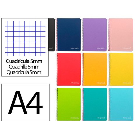 Cuaderno espiral liderpapel a4 witty tapa dura 80h 90gr cuadro 5mm con margen colores surtidos