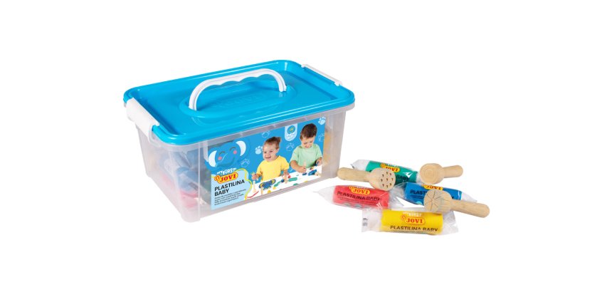 Plastilina jovi my first baby super blanda 38 g baul con 20 unidades colores surtidos + 9 sellos madera surtidos