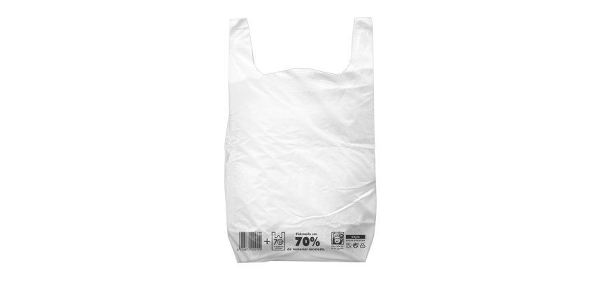 Bolsa camiseta reciclada 70% blanca 42x53 cm reutilizable 1 kg paquete de 55 unidades
