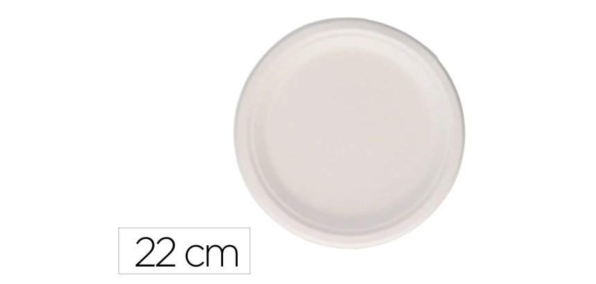 Plato fibra caña azucar bunzl biodegradable 22 cm diametro color blanco paquete de 50 unidades