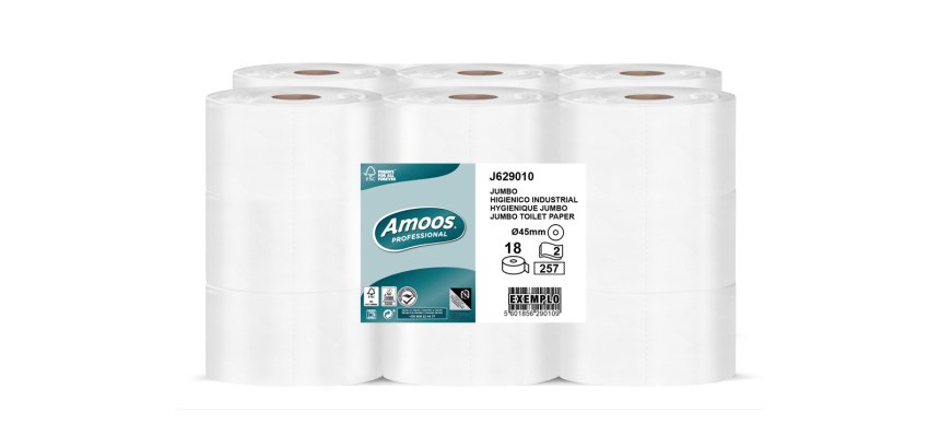 Papel higienico amoos jumbo industrial 2 capas 30g/m2 paquete de 18 rollos