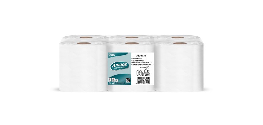 Papel secamanos amoos industrial 2 capas 32g/m2 celulosa blanco 60 m paquete de 6 bobinas