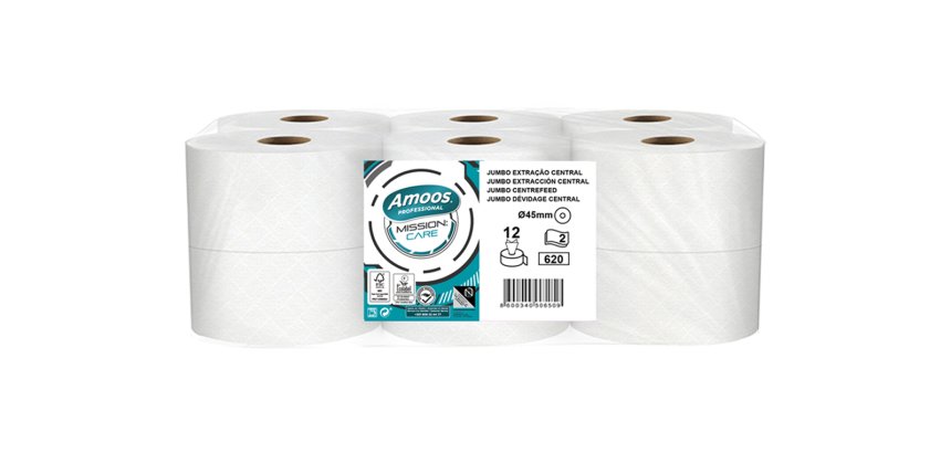 Papel higienico amoos jumbo industrial mission care extraccion central 2 capas 33g/m2 paquete de 12 rollos