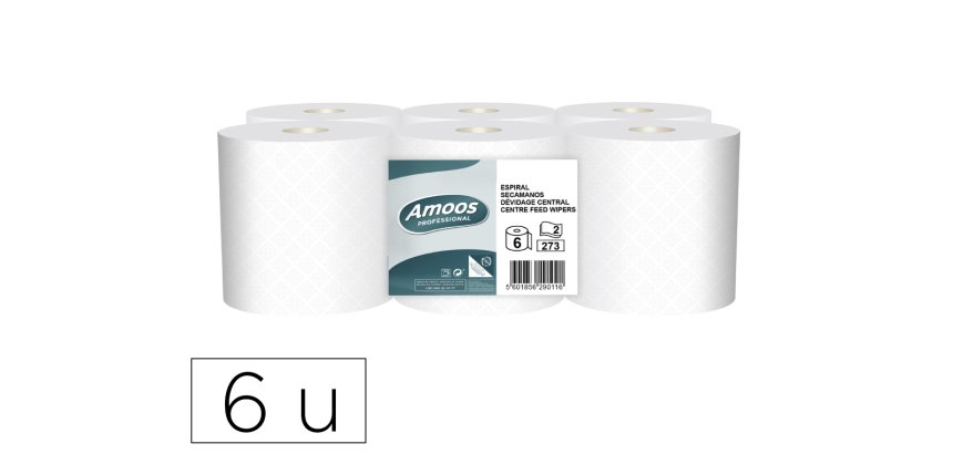 Papel secamanos amoos industrial 2 capas 32g/m2 blanco 90 m paquete de 6 rollos