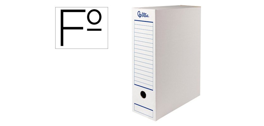 Caja archivo definitivo automatica liderpapel folio carton reciclado 325g/m2 lomo 100 mm blanco 360x100x255mm