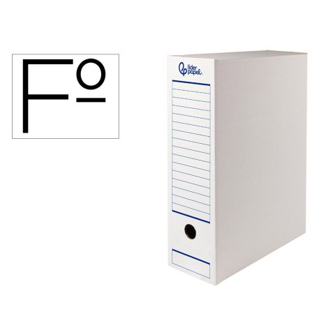Caja archivo definitivo automatica liderpapel folio carton reciclado 325g/m2 lomo 100 mm blanco 360x100x255mm