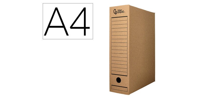 Caja archivo definitivo liderpapel din a4 carton reciclado 325g/m2 lomo 82 mm kraft 325x82x250 mm