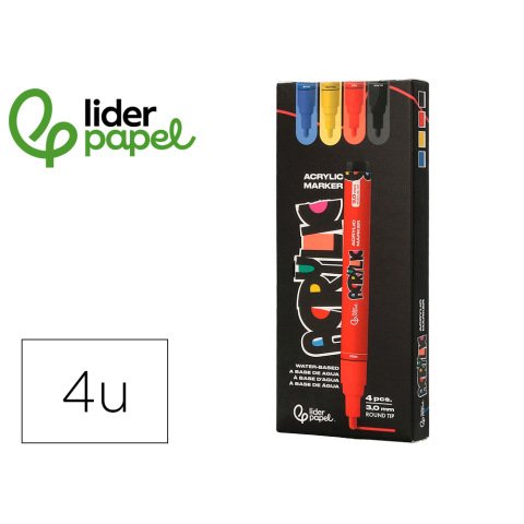 Rotulador liderpapel acrylic base agua todo tipo de superficie punta redonda 3 mm caja de 4 unidades colores basicos
