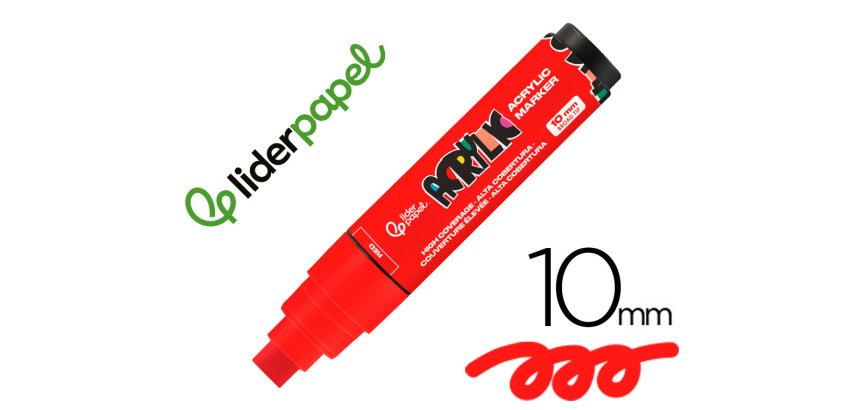 Rotulador liderpapel acrylic base agua todo tipo de superficie punta rectangular 10 mm rojo