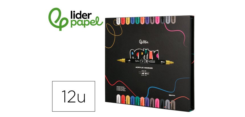 Rotulador liderpapel acrylic base agua todo tipo de superficie doble punta pincel y dot caja de 12 unidades surtidas