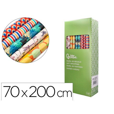 Papel de regalo liderpapel todo año rollo ancho 70 cm longitud 2 mt gramaje 60 gr diseños surtidos b-2024