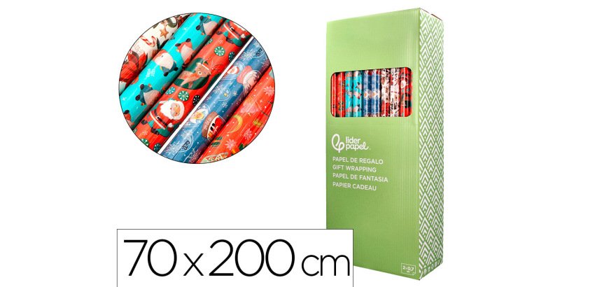 Papel de regalo liderpapel navidad rollo ancho 70 cm longitud 2 mt gramaje 60 g diseños surtidos c-2025
