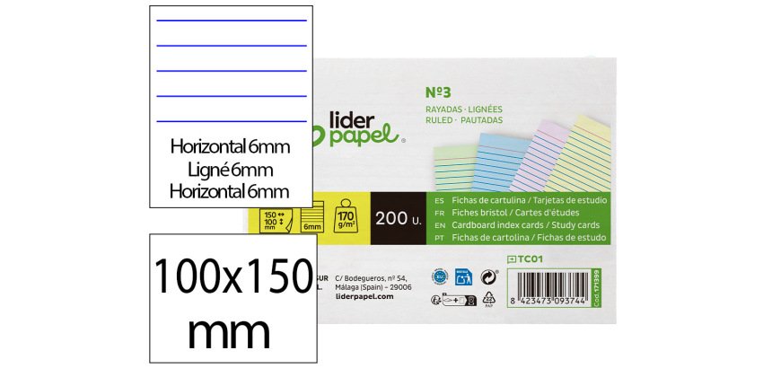 Tarjeta liderpapel para estudiar rayada cartulina de colores 170gr 100x150mm paquete de 200 unidades