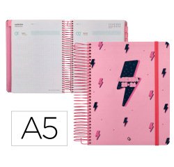 Agenda escolar liderpapel 25-26 espiral patterns rayos rosa dia pagina a5 bilingüe papel fsc 80 gr