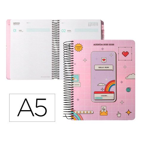Agenda escolar liderpapel 25-26 espiral pixel rosa dia pagina a5 bilingüe papel fsc 80 gr