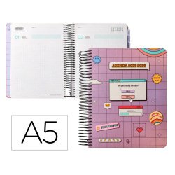 Agenda escolar liderpapel 25-26 espiral pixel morado dia pagina a5 bilingüe papel fsc 80 gr