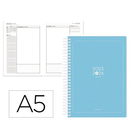 Agenda escolar antartik 25-26 espiral essentials azul dia pagina a5 bilingüe papel fsc 80 gr