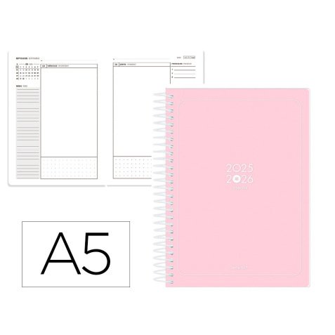 Agenda escolar antartik 25-26 espiral essentials rosa dia pagina a5 bilingüe papel fsc 80 gr