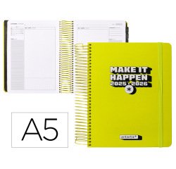 Agenda escolar antartik 25-26 espiral neon amarillo dia pagina a5 bilingüe papel fsc 80 gr
