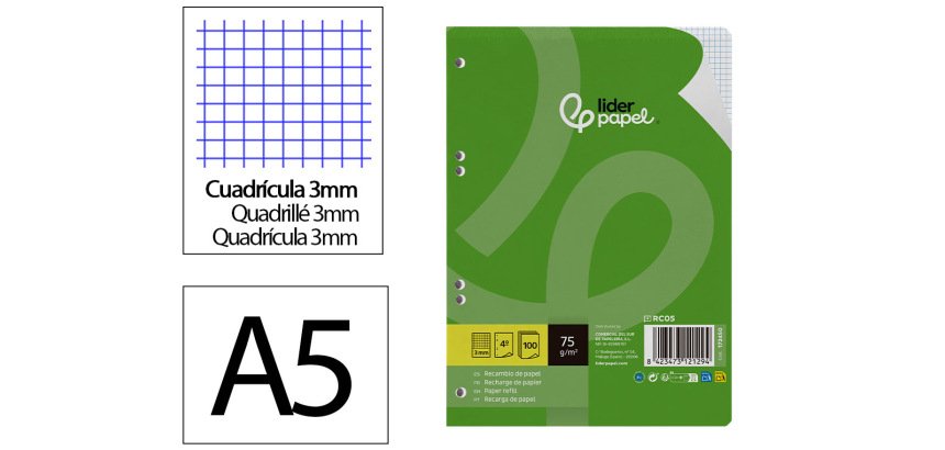 Recambio liderpapel a5 100 hojas 75gr cuadro 3mm con margen 6 taladros