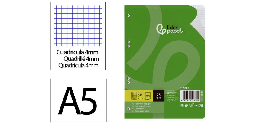 Recambio liderpapel a5 100 hojas 75gr cuadro 4mm con margen 6 taladros