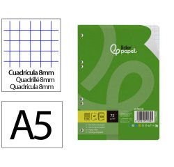 Recambio liderpapel din a5 100 hojas 75 gr cuadro 8mm con margen 6 taladros