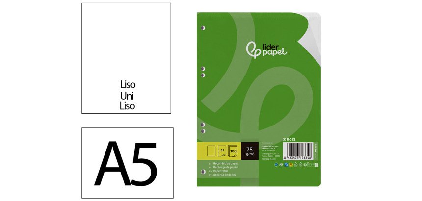 Recambio liderpapel din a5 100 hojas 75 gr liso sin margen 6 taladros