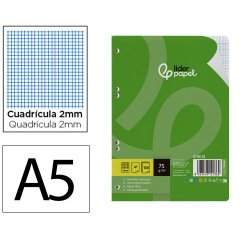 Recambio liderpapel din a5 100 hojas 75 gr milimetrado sin margen 6 taladros