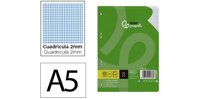 Recambio liderpapel din a5 100 hojas 75 gr milimetrado sin margen 6 taladros