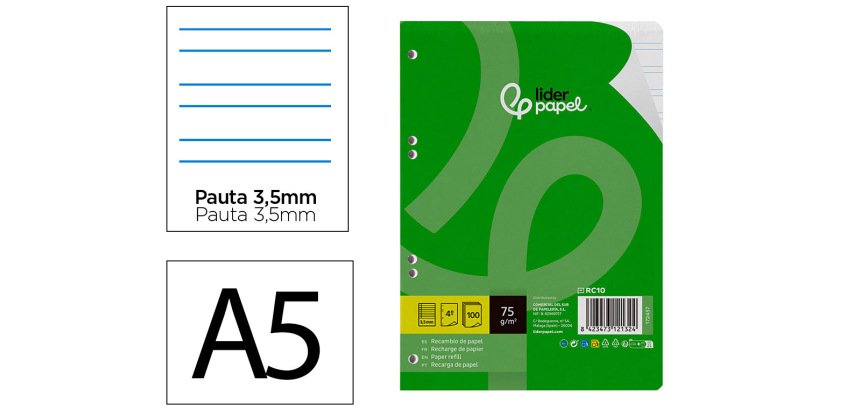Recambio liderpapel din a5 100 hojas 75 gr pauta 4 3.5mm con margen 6 taladros