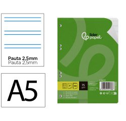 Recambio liderpapel a5 100 hojas 75gr pauta 5 2.5mm con margen 6 taladros