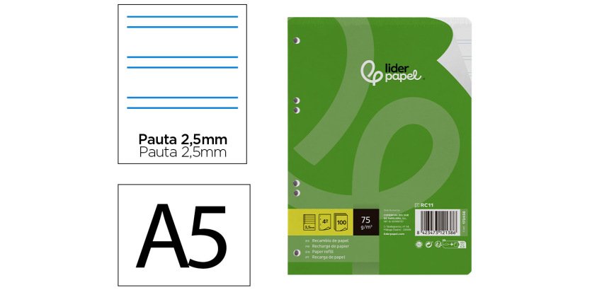 Recambio liderpapel a5 100 hojas 75gr pauta 5 2.5mm con margen 6 taladros