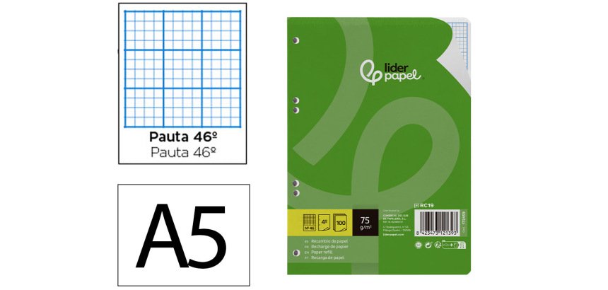 Recambio liderpapel din a5 100 hojas 75gr rayado nº 46 6 taladros